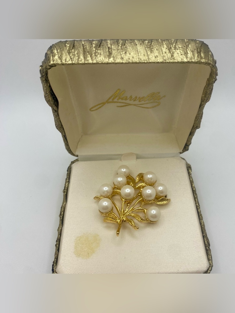 Marvella Faux Pearl & Gold-Tone Leaf Spray Brooch in Original Box